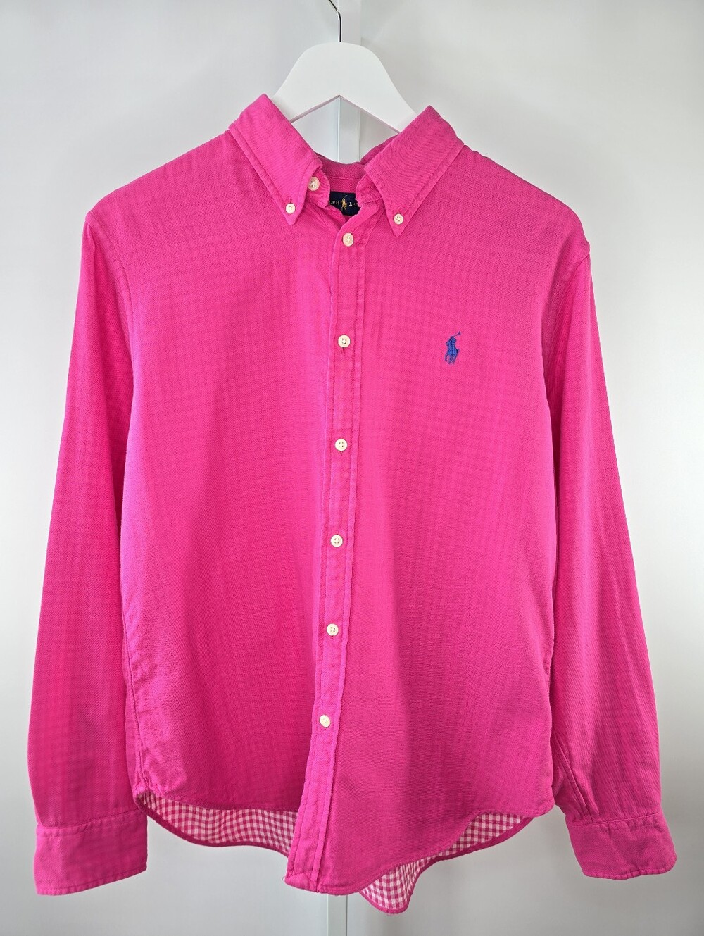 Ralph Lauren Pink Button Down Shirt Blue Pony Logo Double Layer Gingham Cotton L